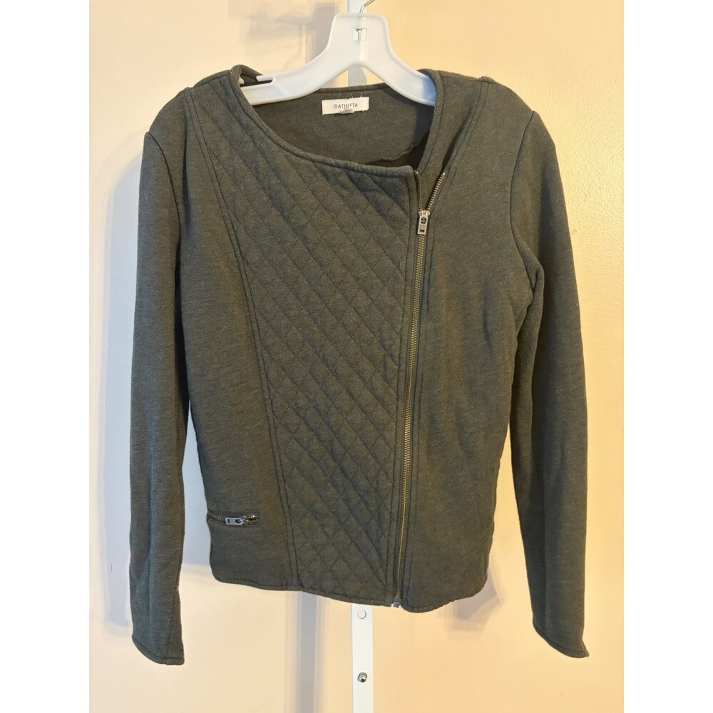 Athleta Belvedere Green Gray Quilted Moto Jacket Asymmetrical Zip M Military